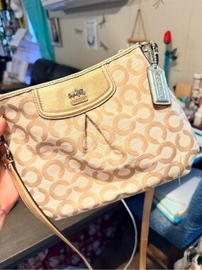 COACH Neutral Signature Canvas Crossbody with Metallic Trim